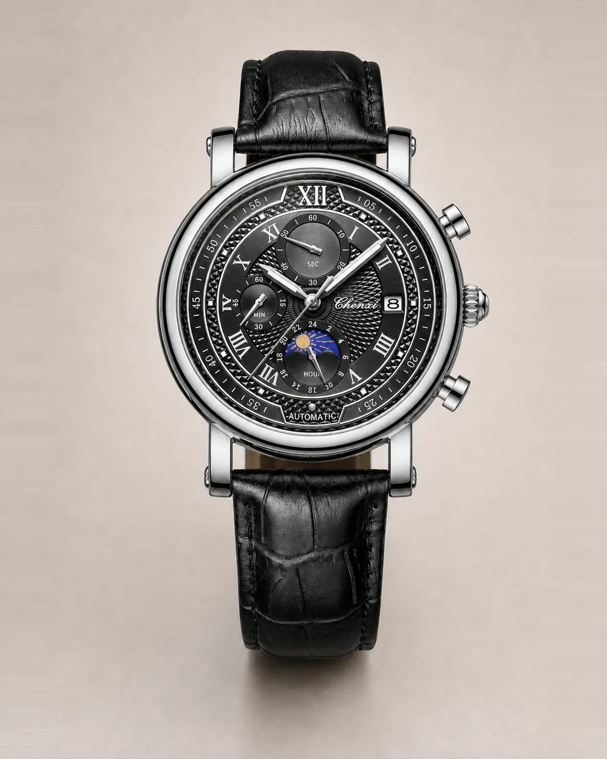 Relógio Masculino Cronógrafo Aurelius Silver Black com caixa prateada e pulseira preta
