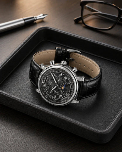 Relógio Aurelius Silver Black em composição de escritório sofisticada