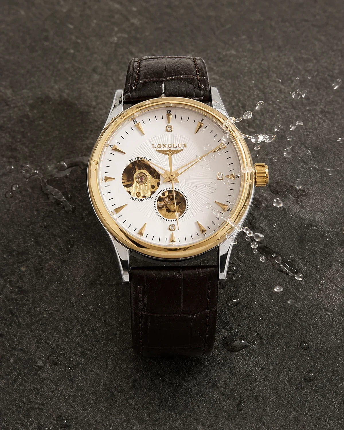 Relógio Masculino Automático Pulseira de Couro Vittorio Gold Silver White resistente a respingos leves