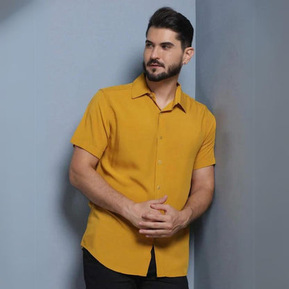 Camisa Social Masculina Manga Curta de Botão Lisa