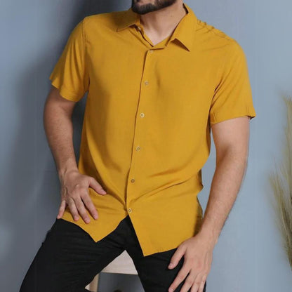 Camisa Social Masculina Manga Curta de Botão Lisa