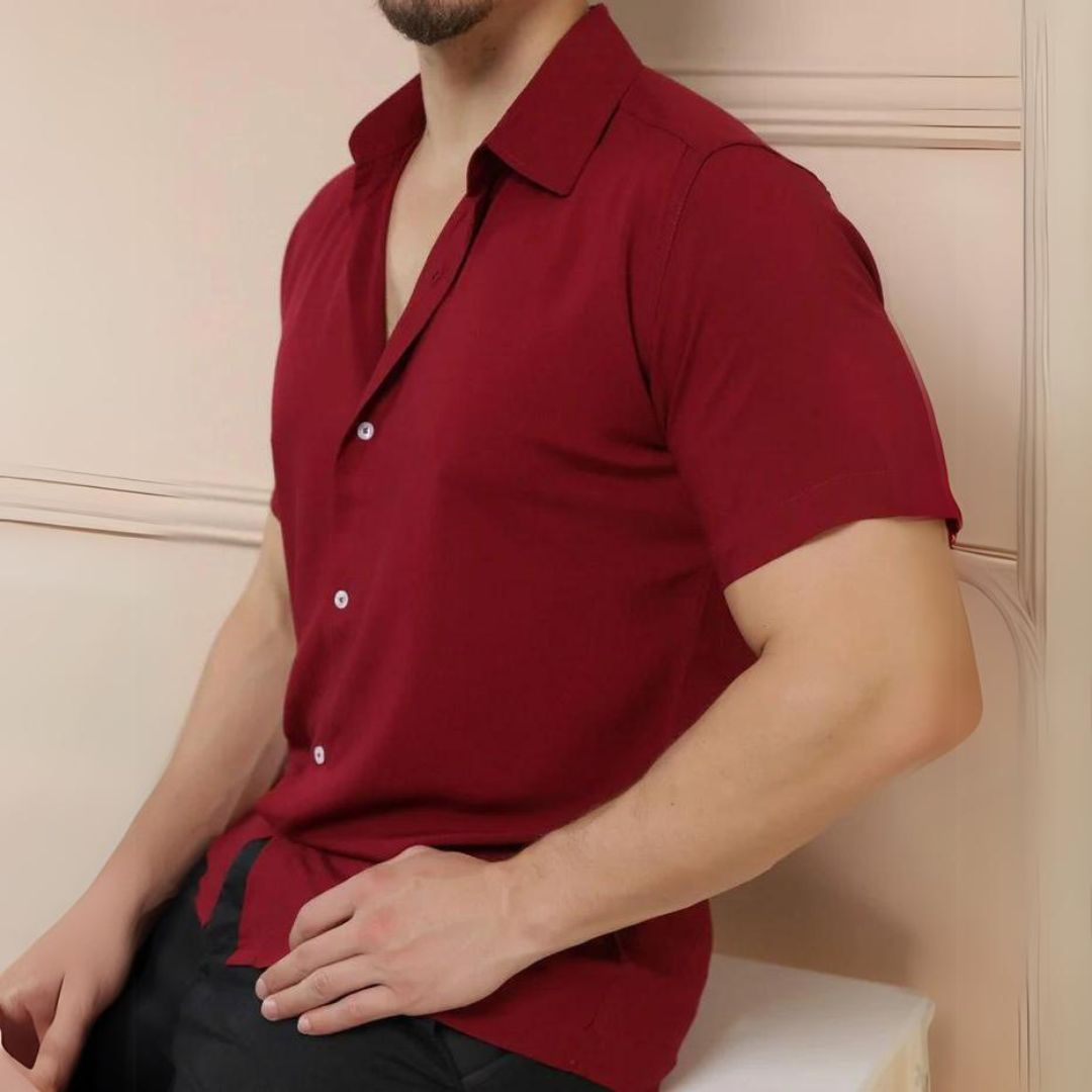 Camisa Social Masculina Manga Curta de Botão Lisa
