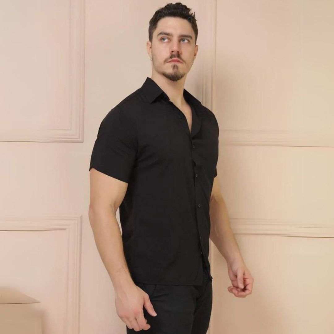 Camisa Social Masculina Manga Curta de Botão Lisa
