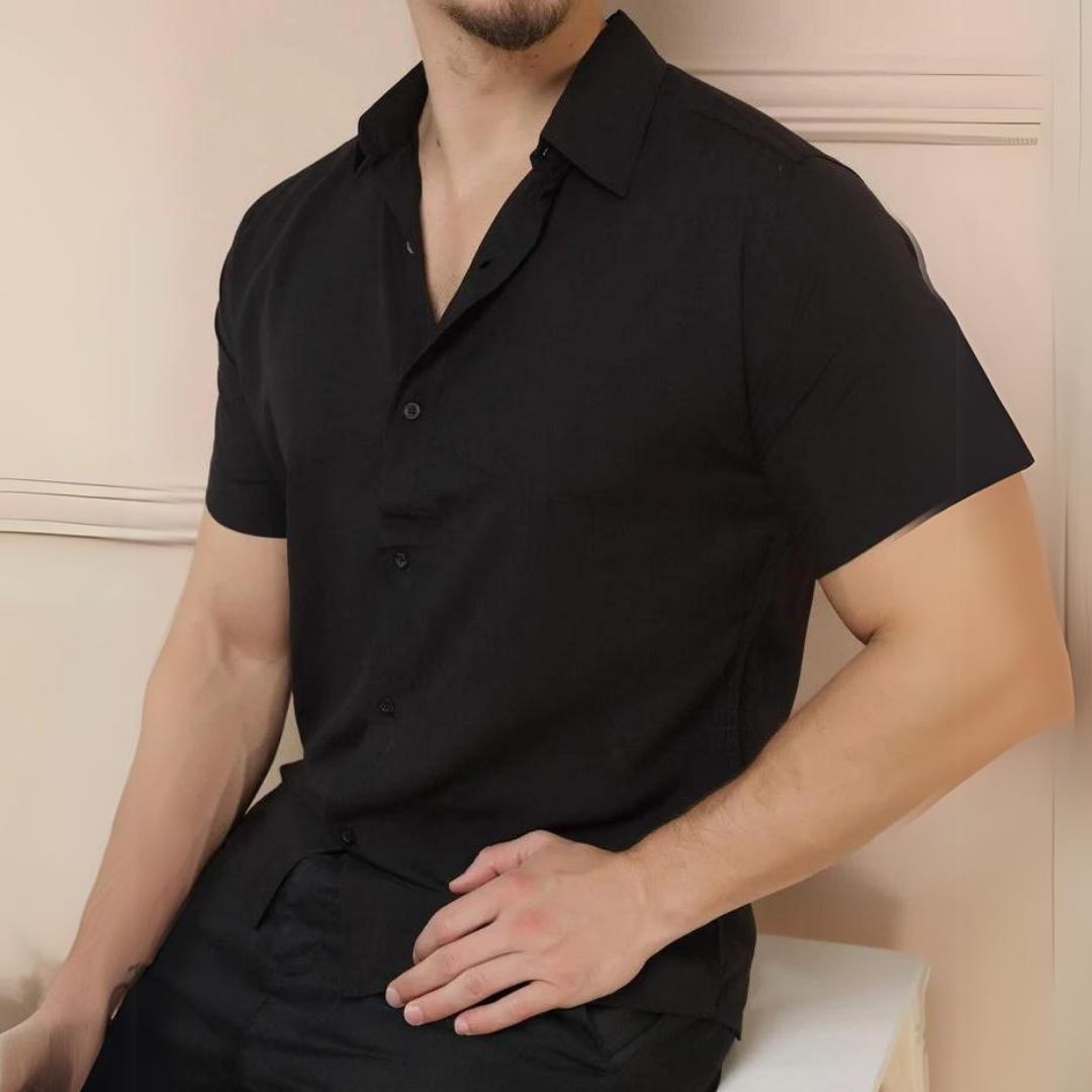 Camisa Social Masculina Manga Curta de Botão Lisa