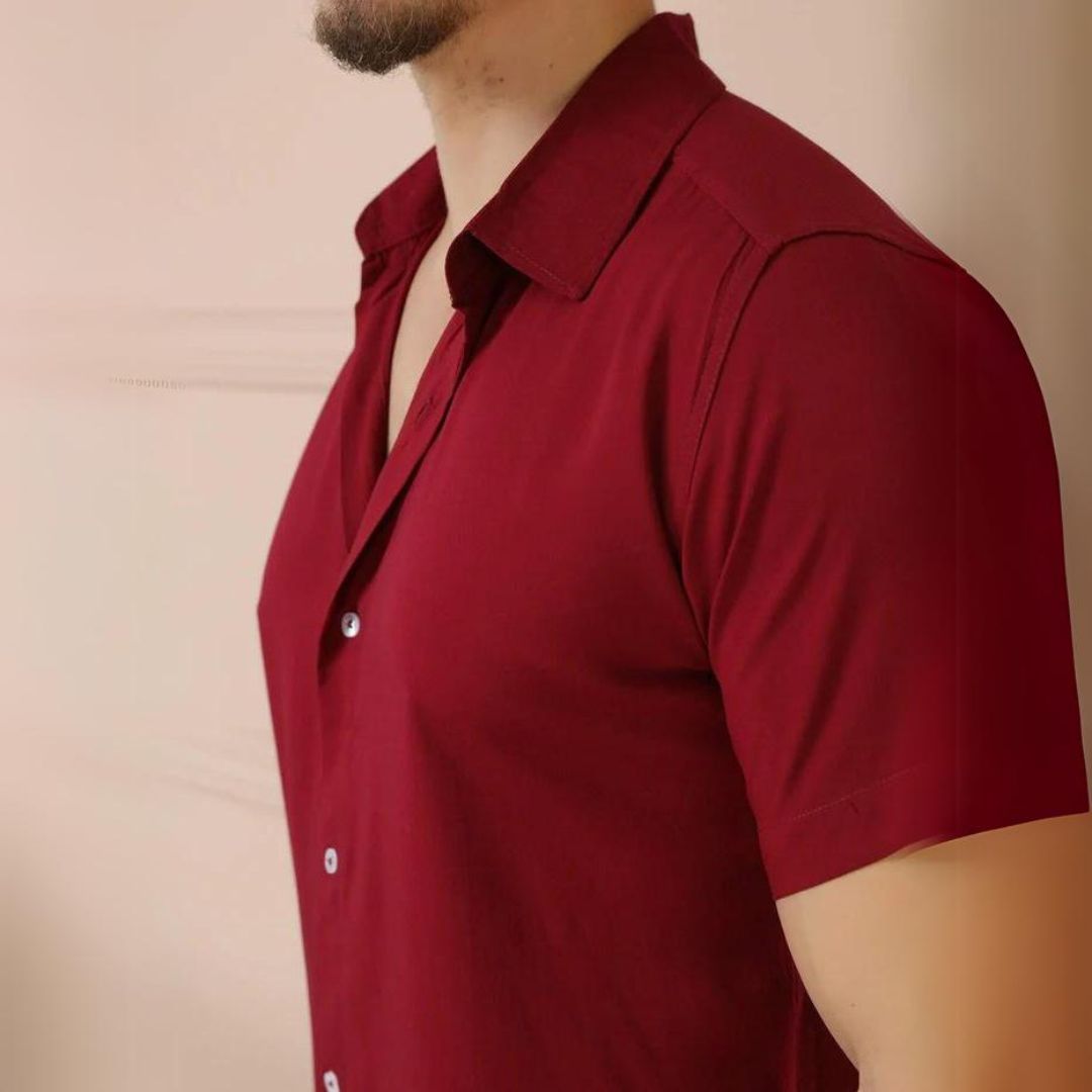 Camisa Social Masculina Manga Curta de Botão Lisa
