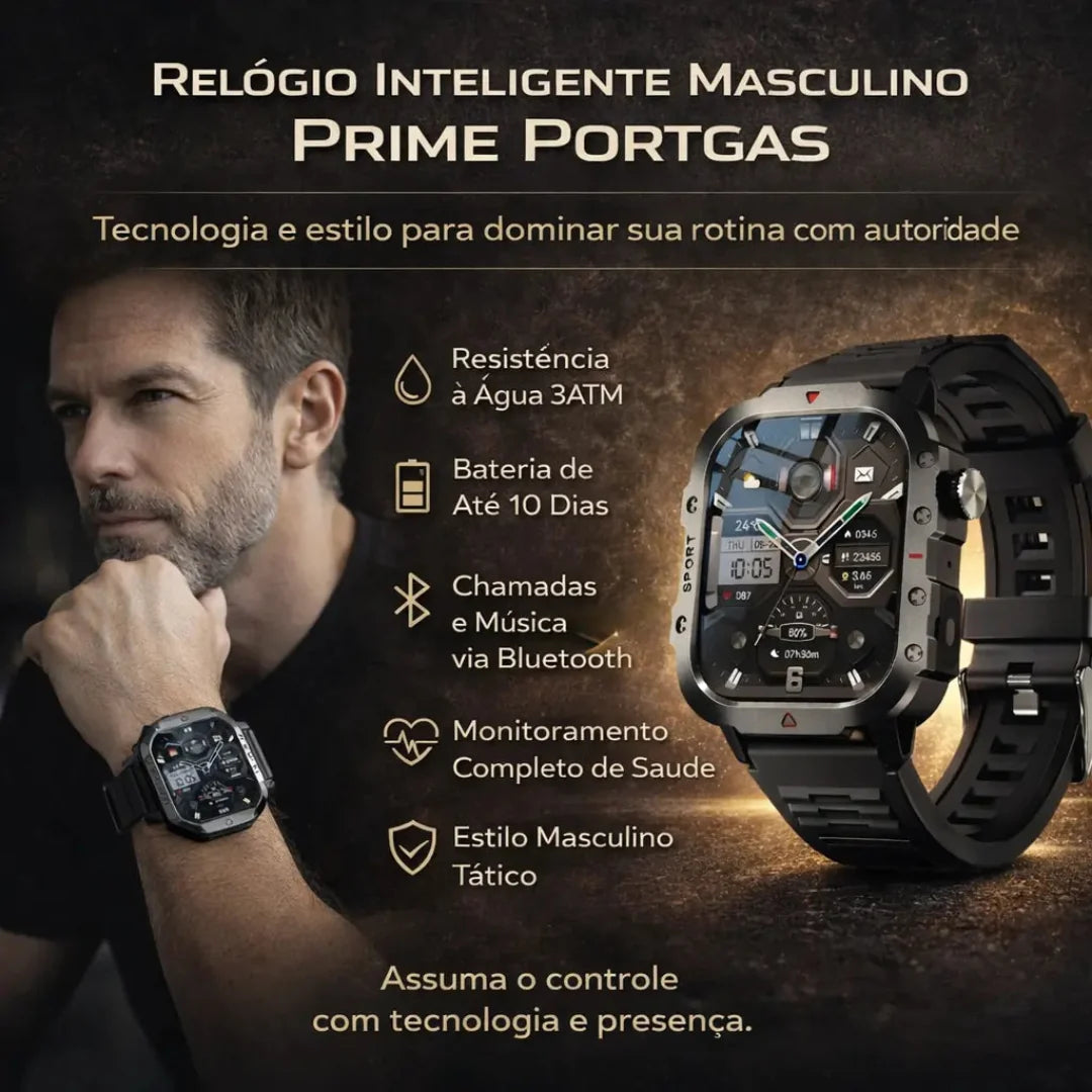 Relógio Inteligente Masculino Prime Portgas Preto Bluetooth 3ATM