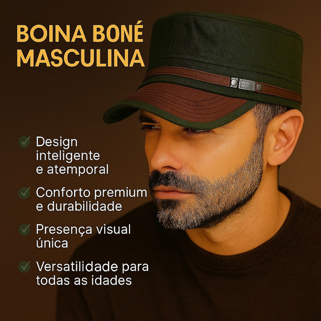 Boina Boné Masculina Estilo Quepe Militar com Aba em Couro - Madara