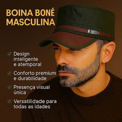Boina Boné Masculina Estilo Quepe Militar com Aba em Couro - Madara