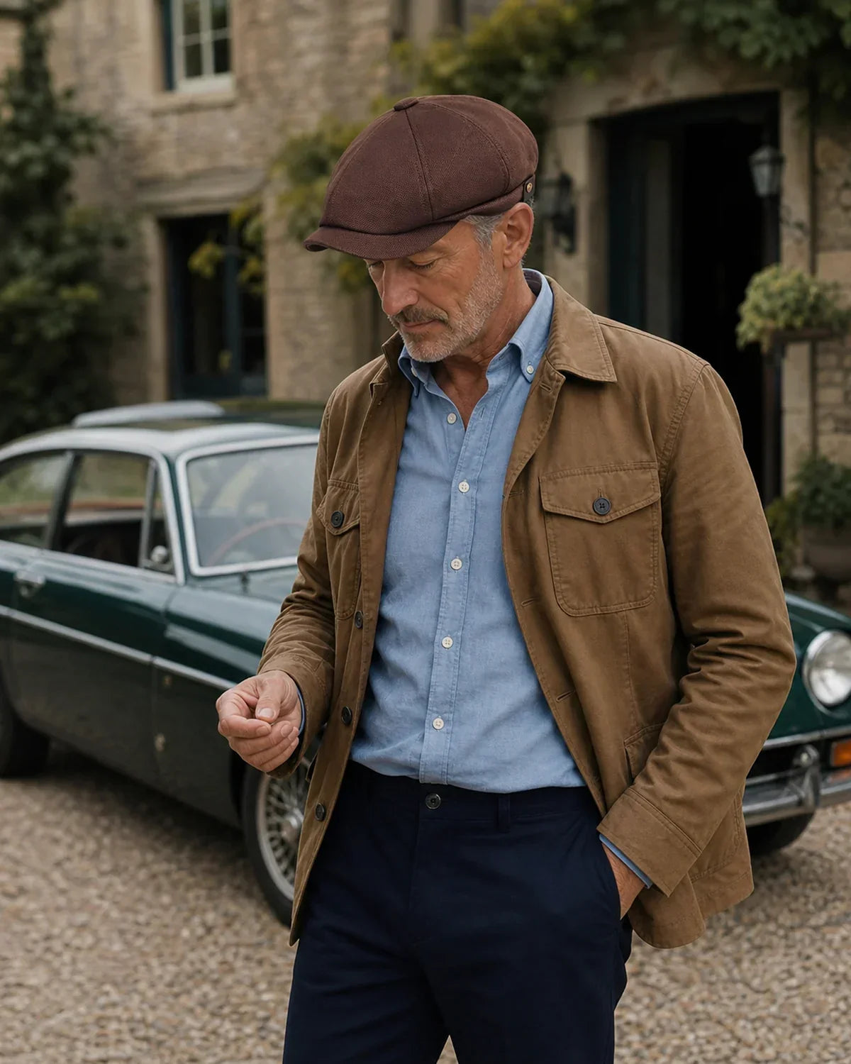Boina Italiana Masculina Poliéster Marrom – Clássica & Atemporal em look masculino com carro clássico