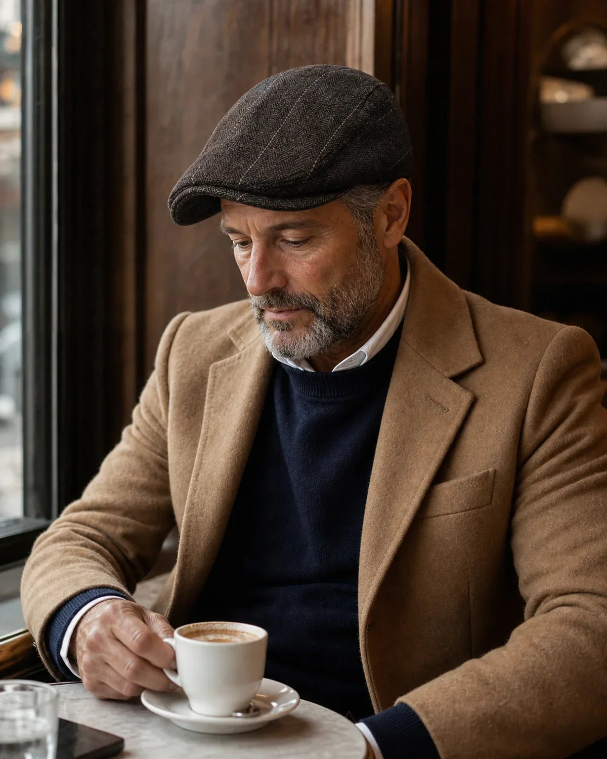 Boina Masculina Inglesa Algodão Brown em uso por homem maduro em café clássico