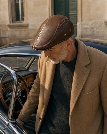 Boina Masculina Inglesa de Couro Dorian Brown em lifestyle com carro clássico