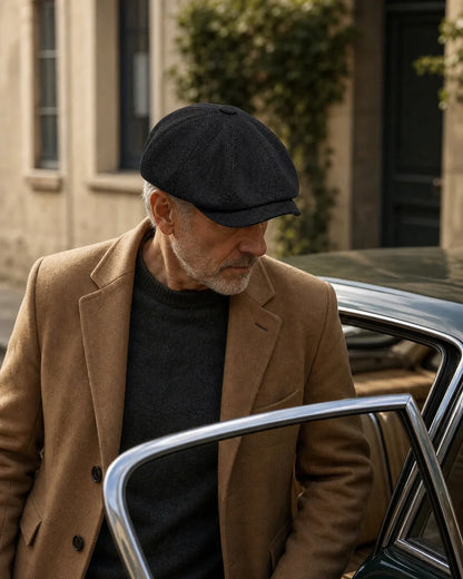 Boina Masculina Italiana Poliéster Black em look masculino com carro clássico
