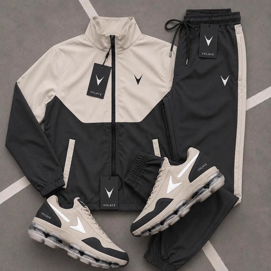 Conjunto Esportivo Velaro Meio-Zíper Cream Graphite — blusa meio-zíper de gola alta + calça jogger