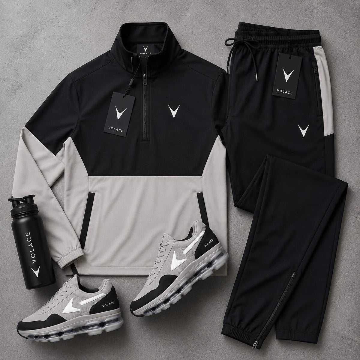 Conjunto Esportivo Velaro Meio-Zíper Black Ice — blusa meio-zíper de gola alta + calça jogger