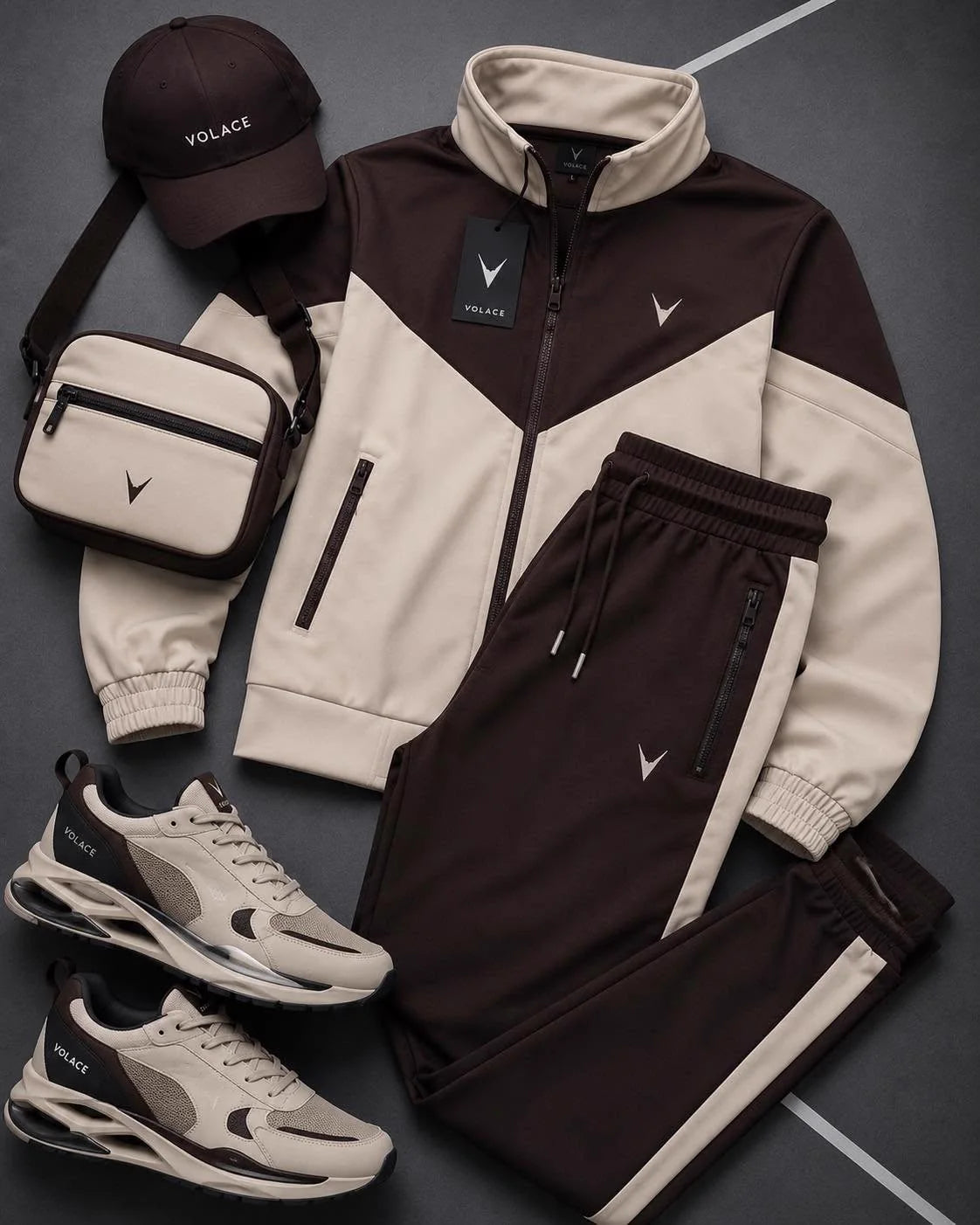 Conjunto Esportivo Velaro Meio-Zíper Coffee Cream — blusa meio-zíper de gola alta + calça jogger
