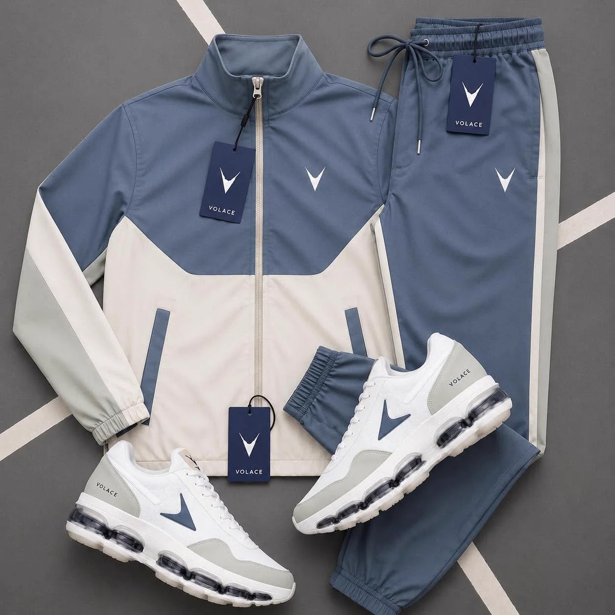 Conjunto Esportivo Velaro Track Denim Cream — jaqueta de gola alta com zíper total + calça jogger