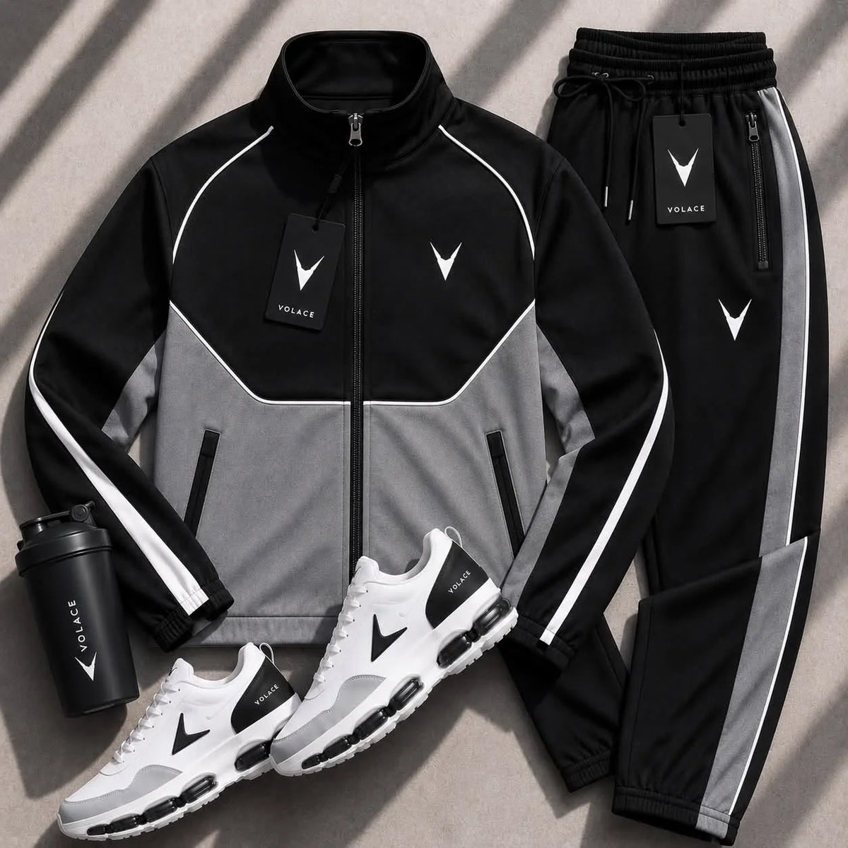 Conjunto Esportivo Velaro Track Black Concrete — jaqueta de gola alta com zíper total + calça jogger