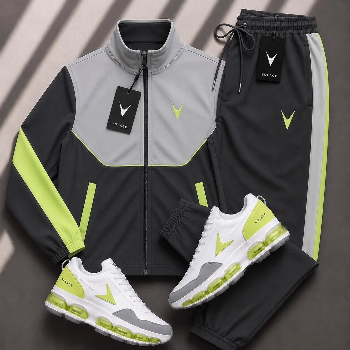Conjunto Esportivo Velaro Track Lime Volt — jaqueta de gola alta com zíper total + calça jogger