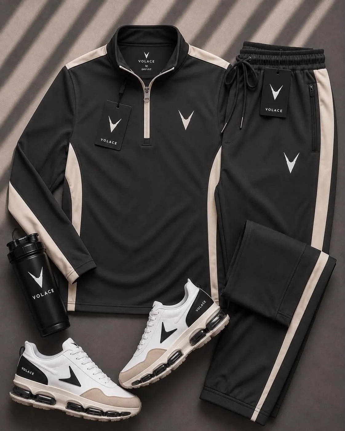 Conjunto Esportivo Velaro Meio-Zíper Black Cream — blusa meio-zíper de gola alta + calça jogger