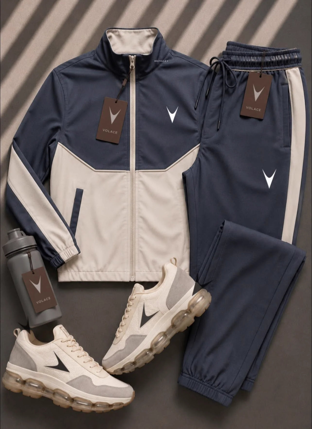 Conjunto Esportivo Velaro Track Navy Bone — jaqueta de gola alta com zíper total + calça jogger