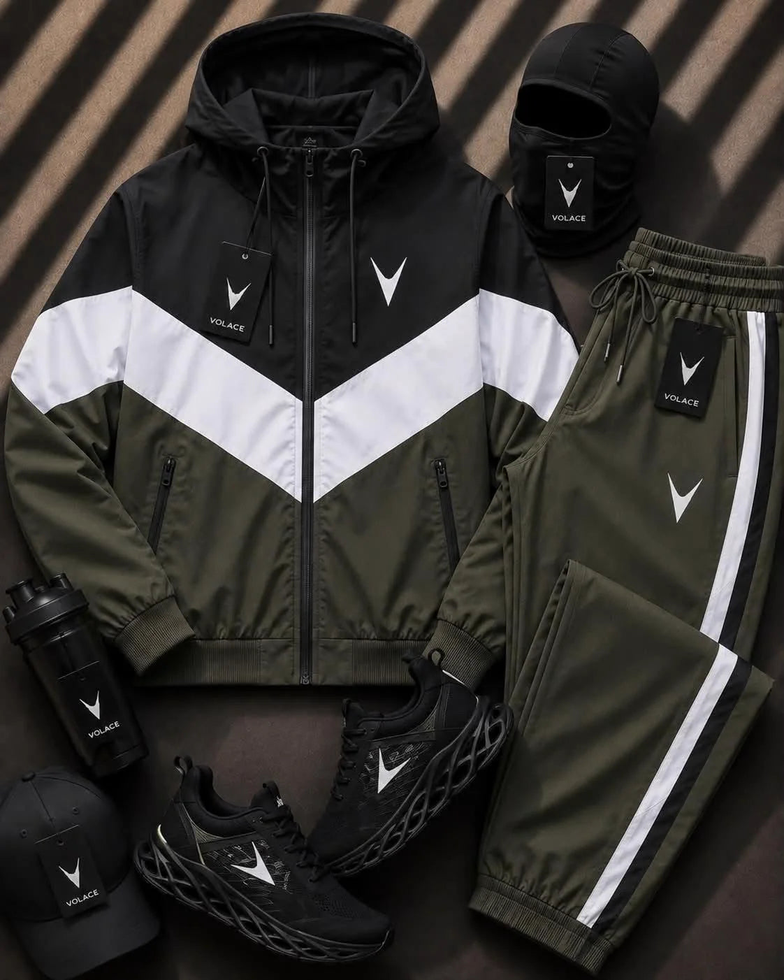 Conjunto Corta-Vento Velaro Army White — jaqueta corta-vento impermeável + calça jogger