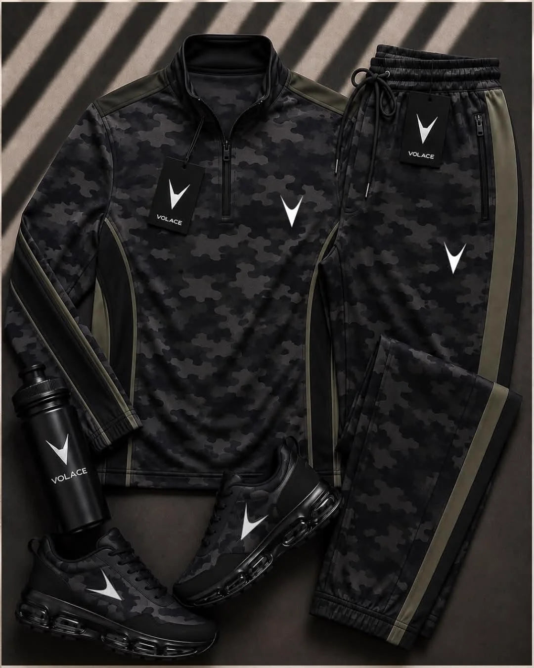 Conjunto Esportivo Velaro Meio-Zíper Camo Black — blusa meio-zíper de gola alta + calça jogger