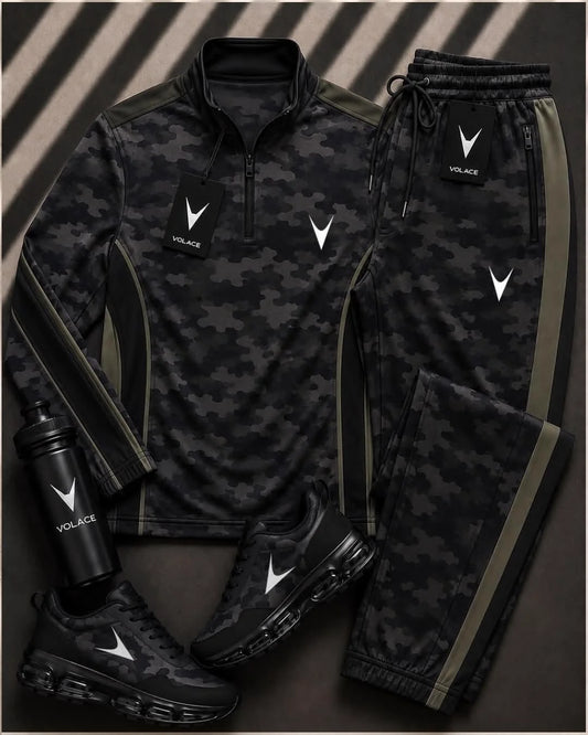 Conjunto Esportivo Velaro Meio-Zíper Camo Black — blusa meio-zíper de gola alta + calça jogger